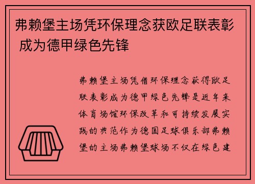 弗赖堡主场凭环保理念获欧足联表彰 成为德甲绿色先锋